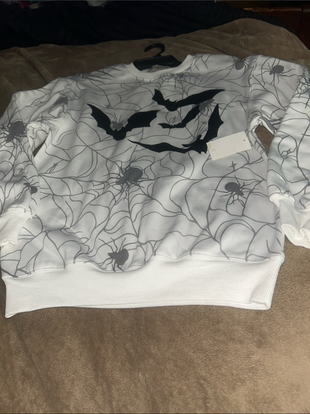 WomenWhite Spiderweb & Bat Halloween  Graphic Sweatshirt